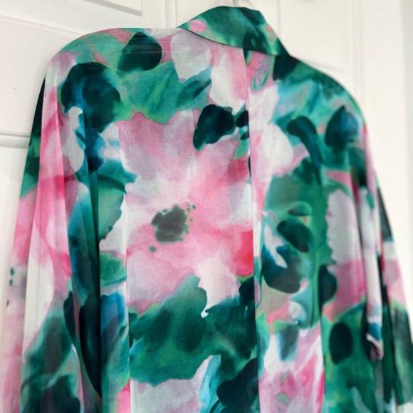 SOLD Zara Flowing Green Pink Floral Sheer Long Sleeve Blouse Small - Picture 10 of 16